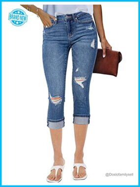 High Waisted Distressed Denim Capris Skinny Cropped Jeans Stretch